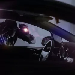 Masked man peering into car at night